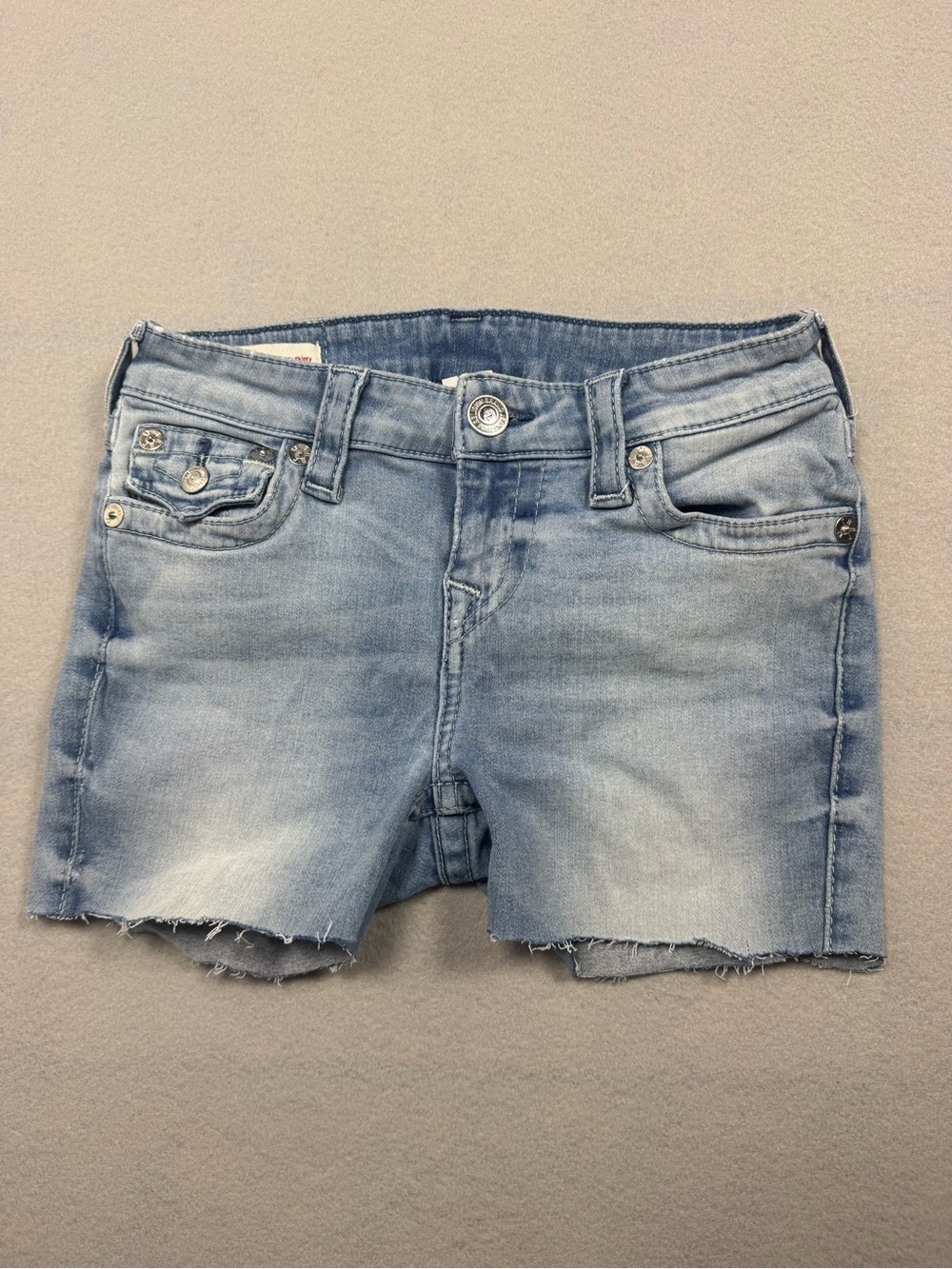 True Religion Super Skinny Cutoff Denim Shorts Light Wash Flap Pocket Size 26